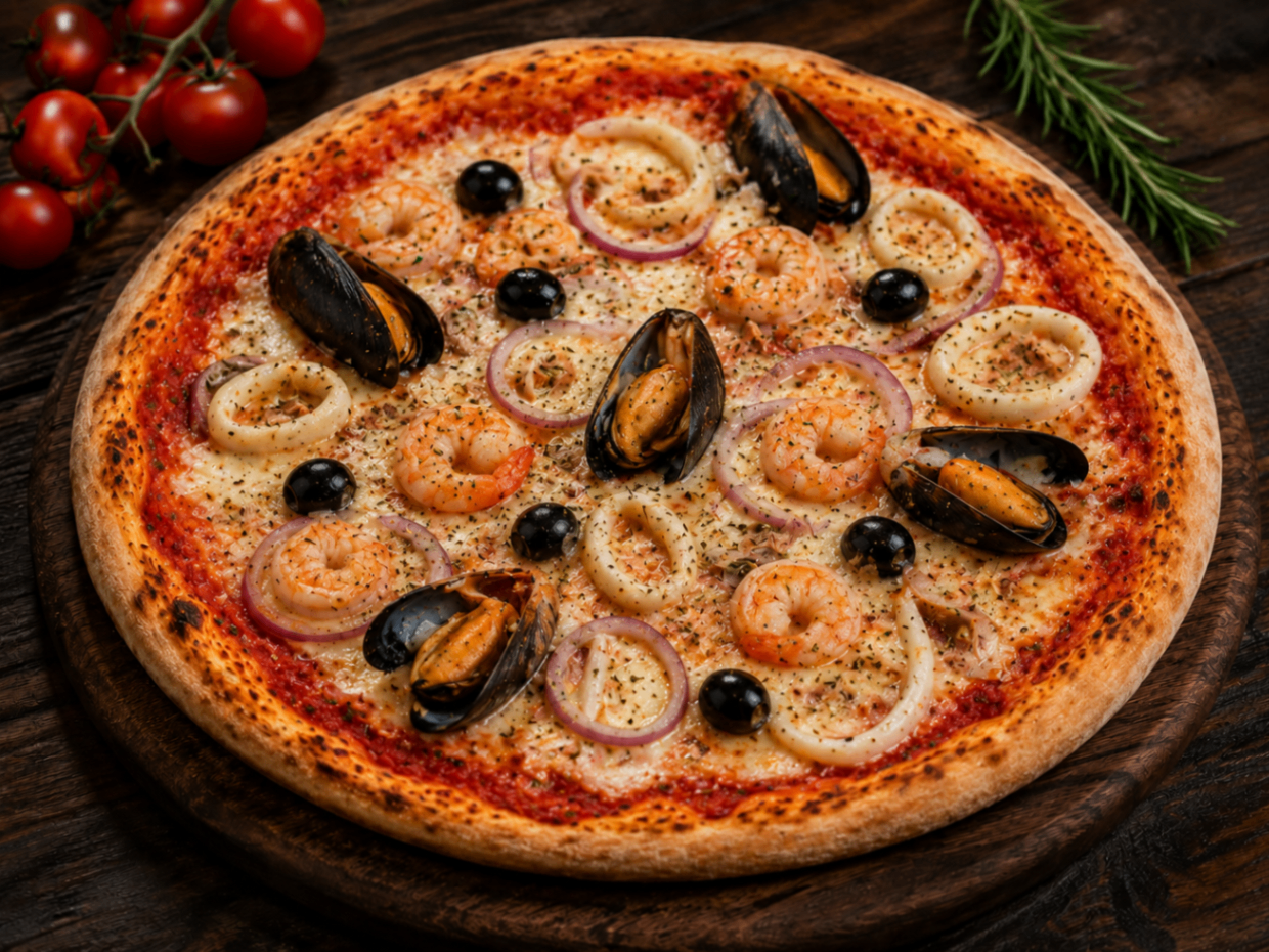Océane — Tomate, fromage, fruits de mer, oignon, origan, olives